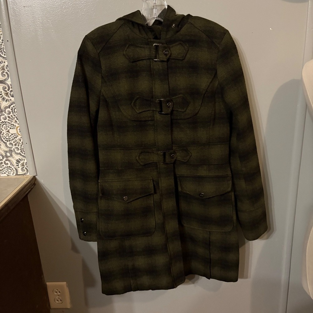 Steve Madden Olive Green Black Plaid Hooded Toggle Wool Blend Coat (Women Small)
